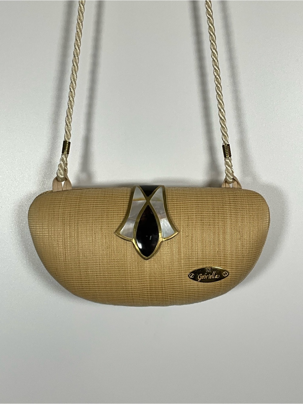 Vintage Gabriella Beige Woven Clutch or Shoulder Bag with Mother-of-Pearl Clasp